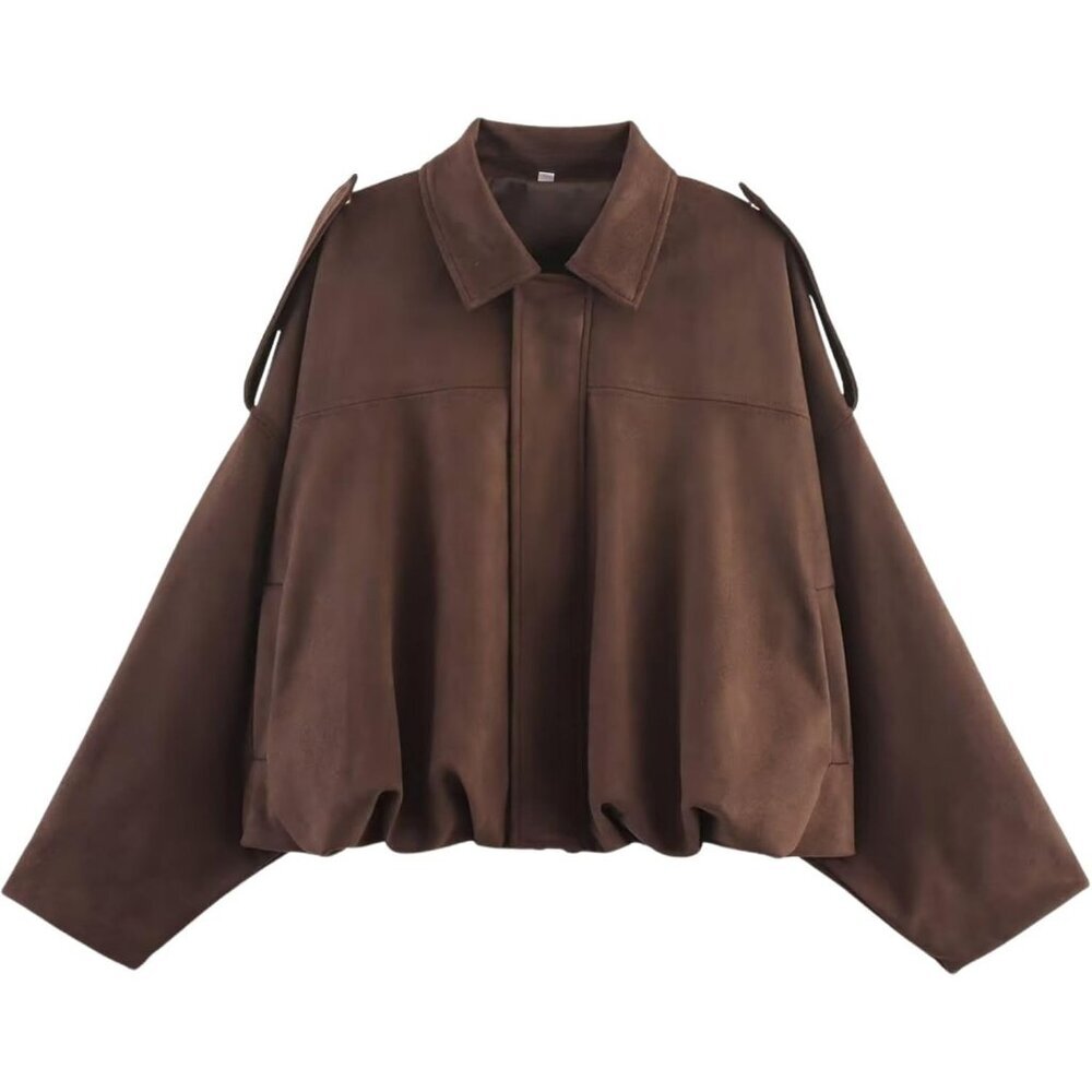 Women's 01 Coffee Pocket Faux Bomber Jacket Coat Streetwear Winter Long Sleeves